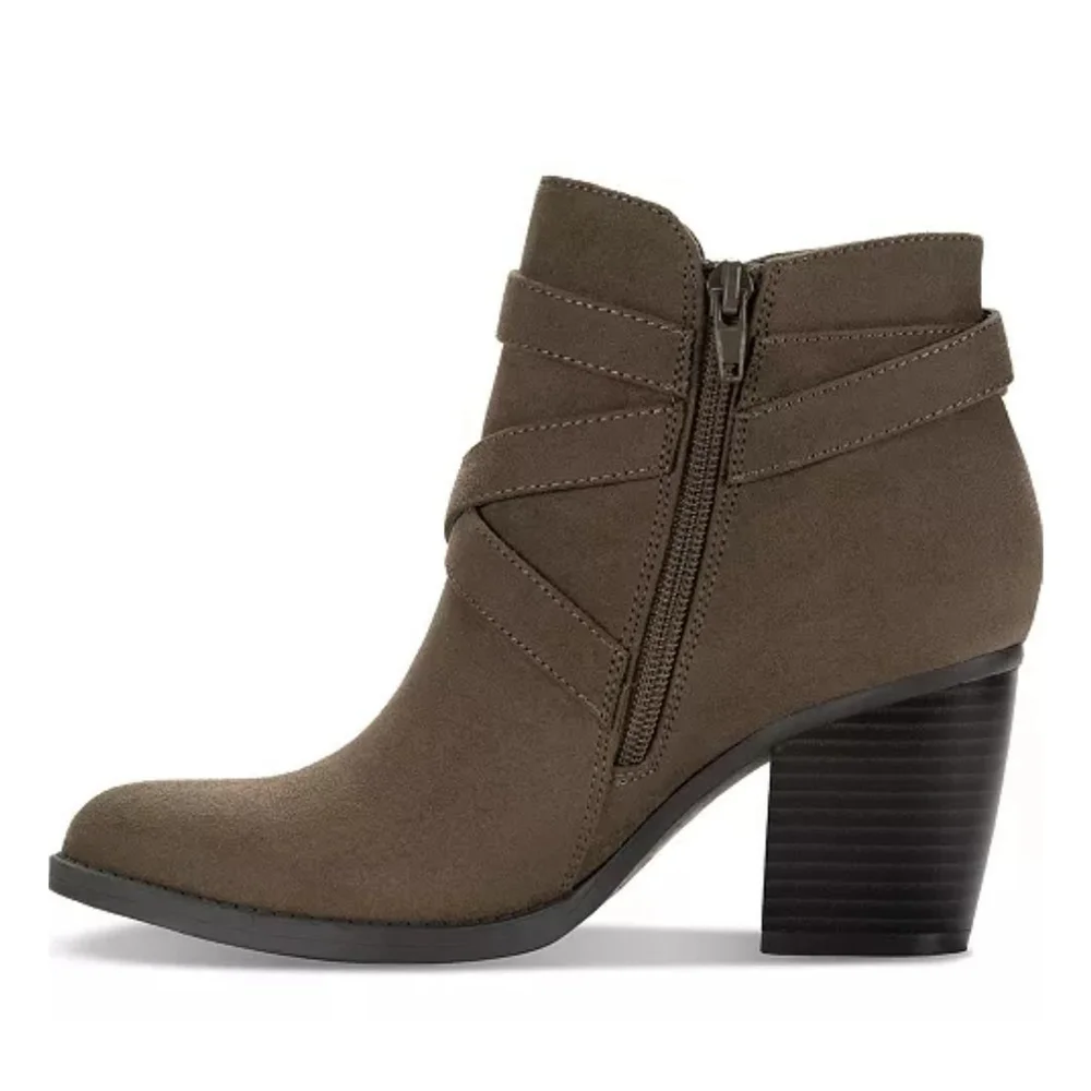 Style & Co Buckle Criss Cross Strap Boots Booties SZ 8 M Grey Gray Dark Taupe